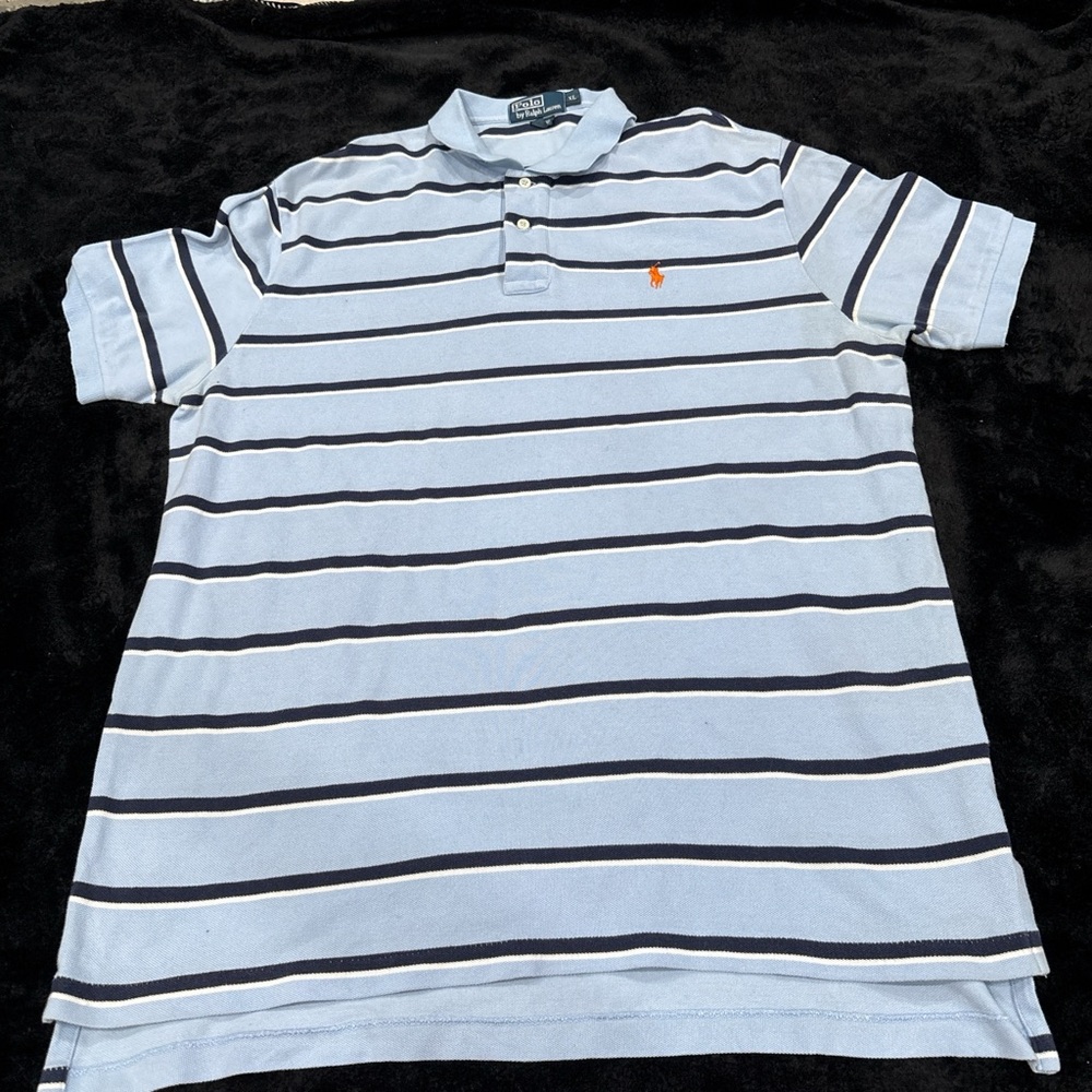 Polo by Ralph Lauren Men's Light Blue and Navy Striped Polo